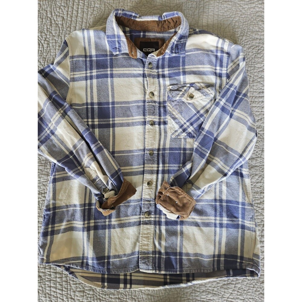 CQR Flannel Shirt Mens L Plaid Corduroy Turn Up Cuffs Soft White Blue